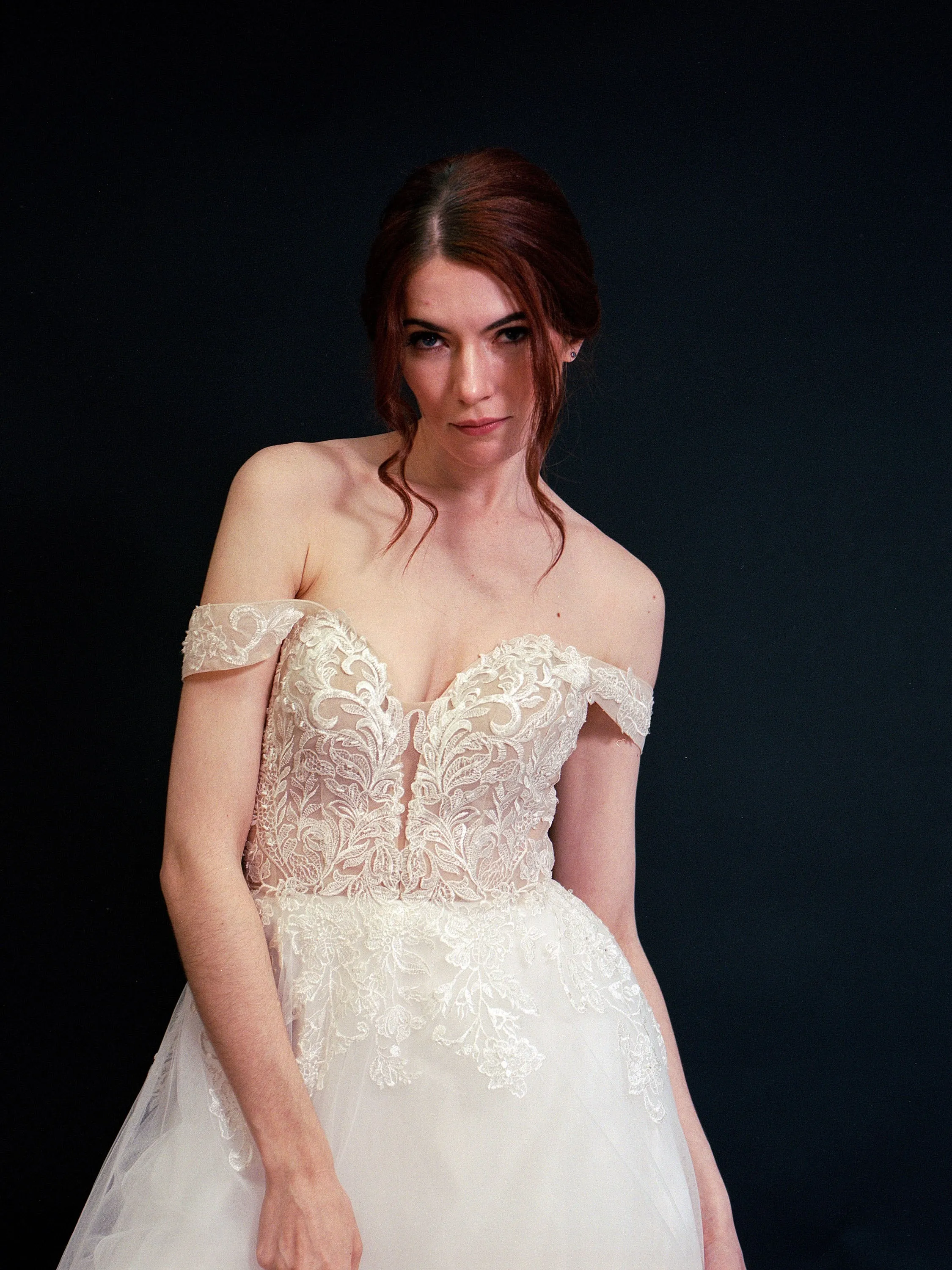Style D2401 - Elegant off-the-shoulder Frosted Alençon Lace illusive back A-line gown