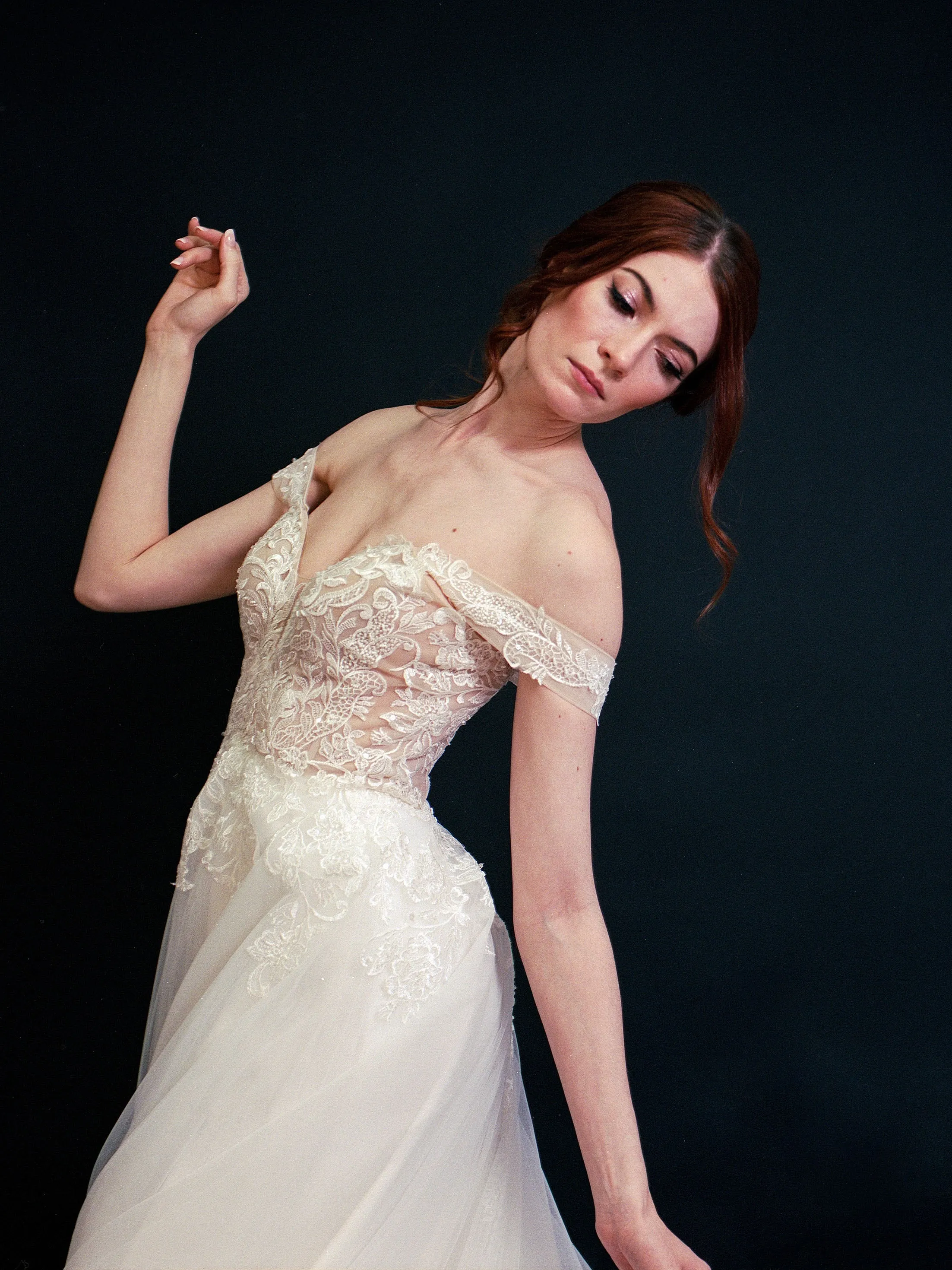 Style D2401 - Elegant off-the-shoulder Frosted Alençon Lace illusive back A-line gown