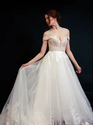 Style D2401 - Elegant off-the-shoulder Frosted Alençon Lace illusive back A-line gown