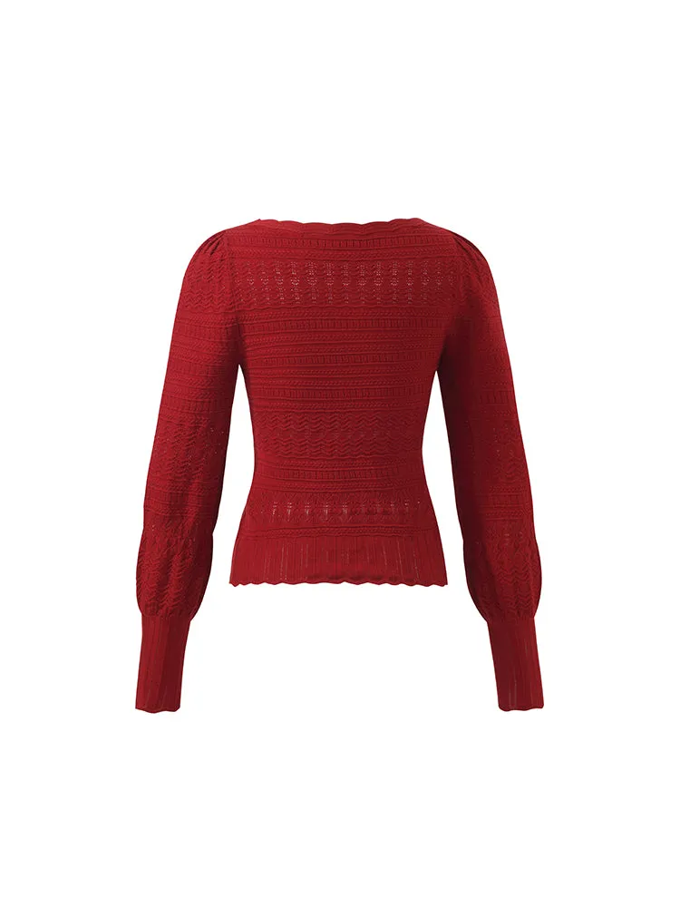 Tencel Wool Blend Wave Cut Collar Women Sweater