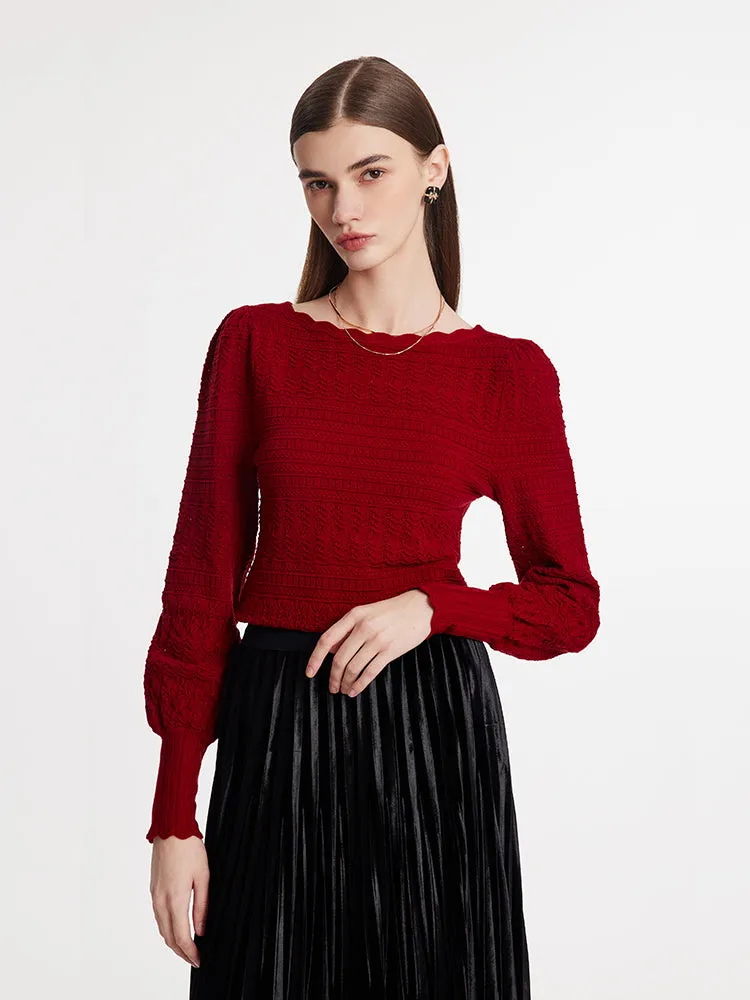 Tencel Wool Blend Wave Cut Collar Women Sweater