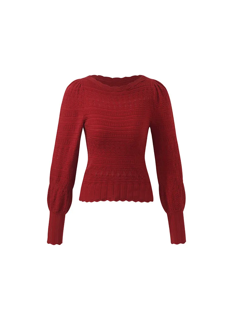 Tencel Wool Blend Wave Cut Collar Women Sweater