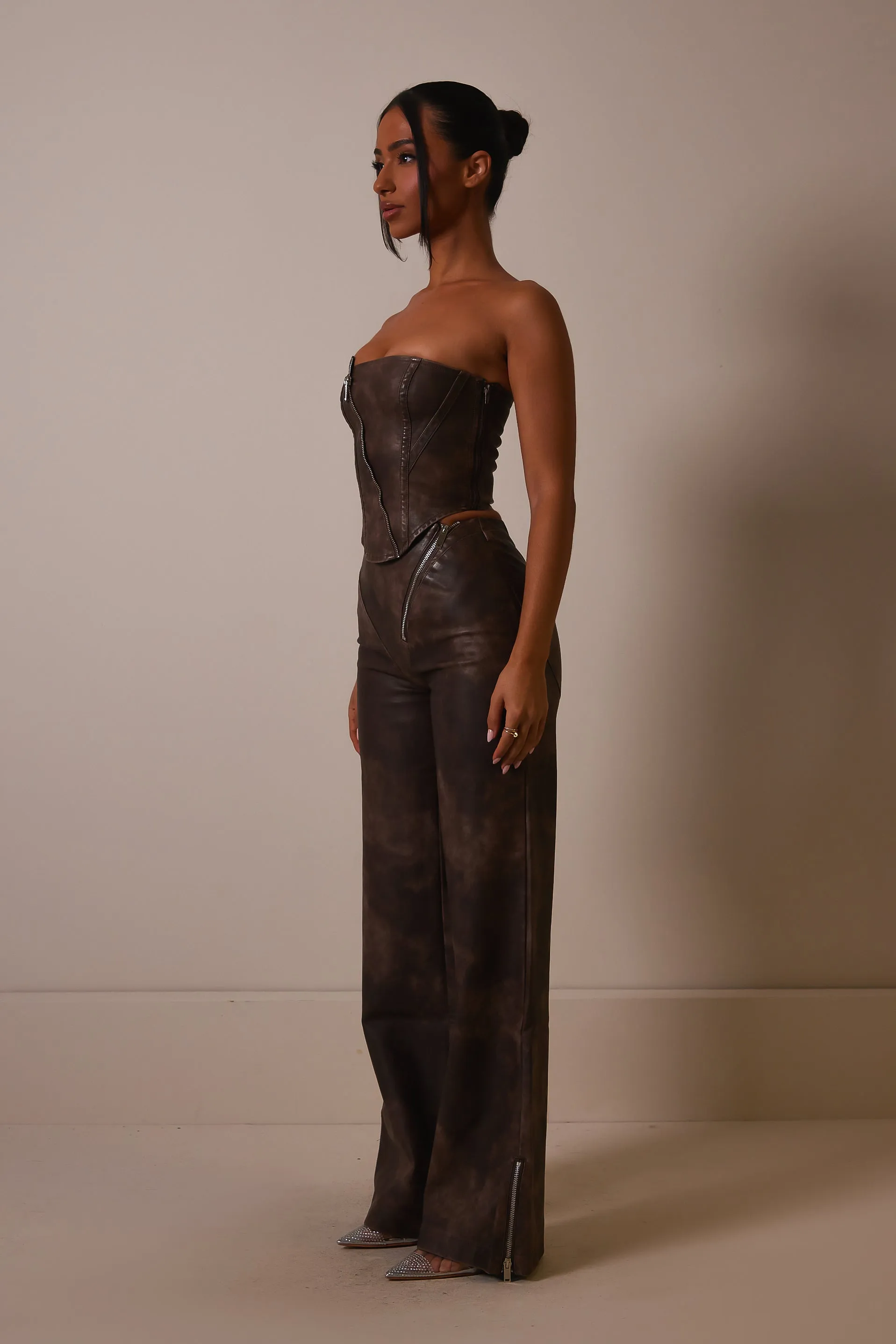 The Asymmetric zip distress leather corset- Brown