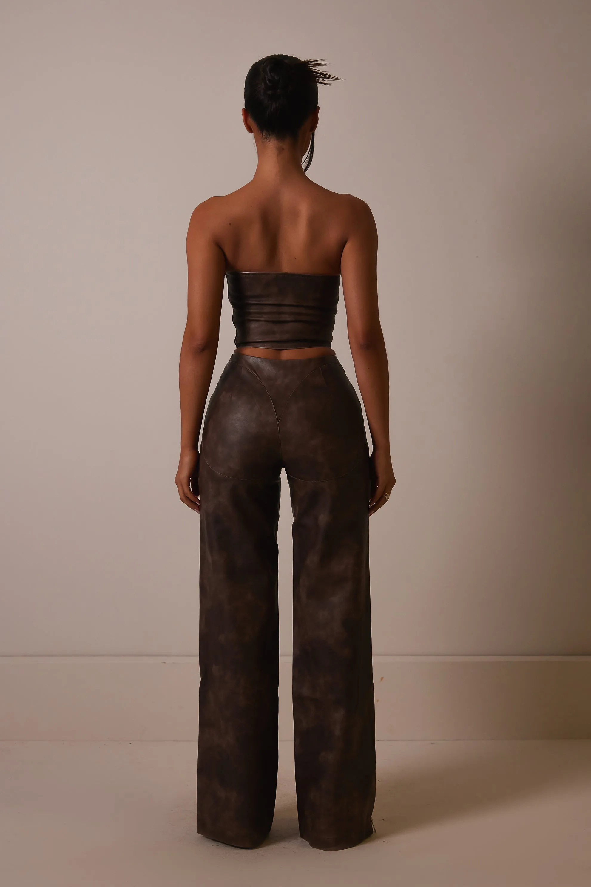 The Asymmetric zip distress leather corset- Brown