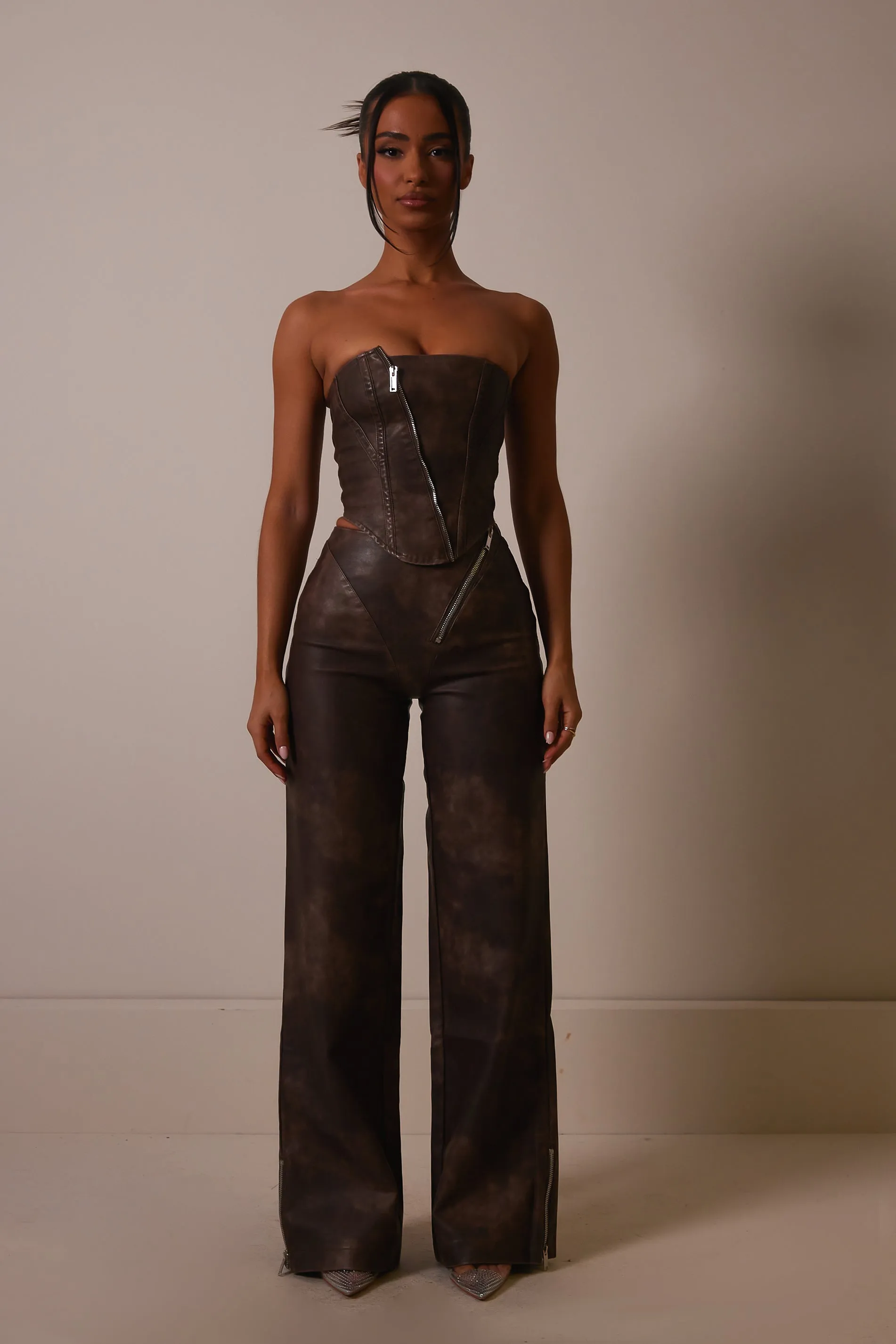 The Asymmetric zip distress leather corset- Brown