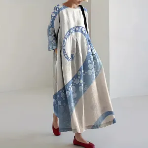 Womens Octopus Art Linen Blend Casual Maxi Dress