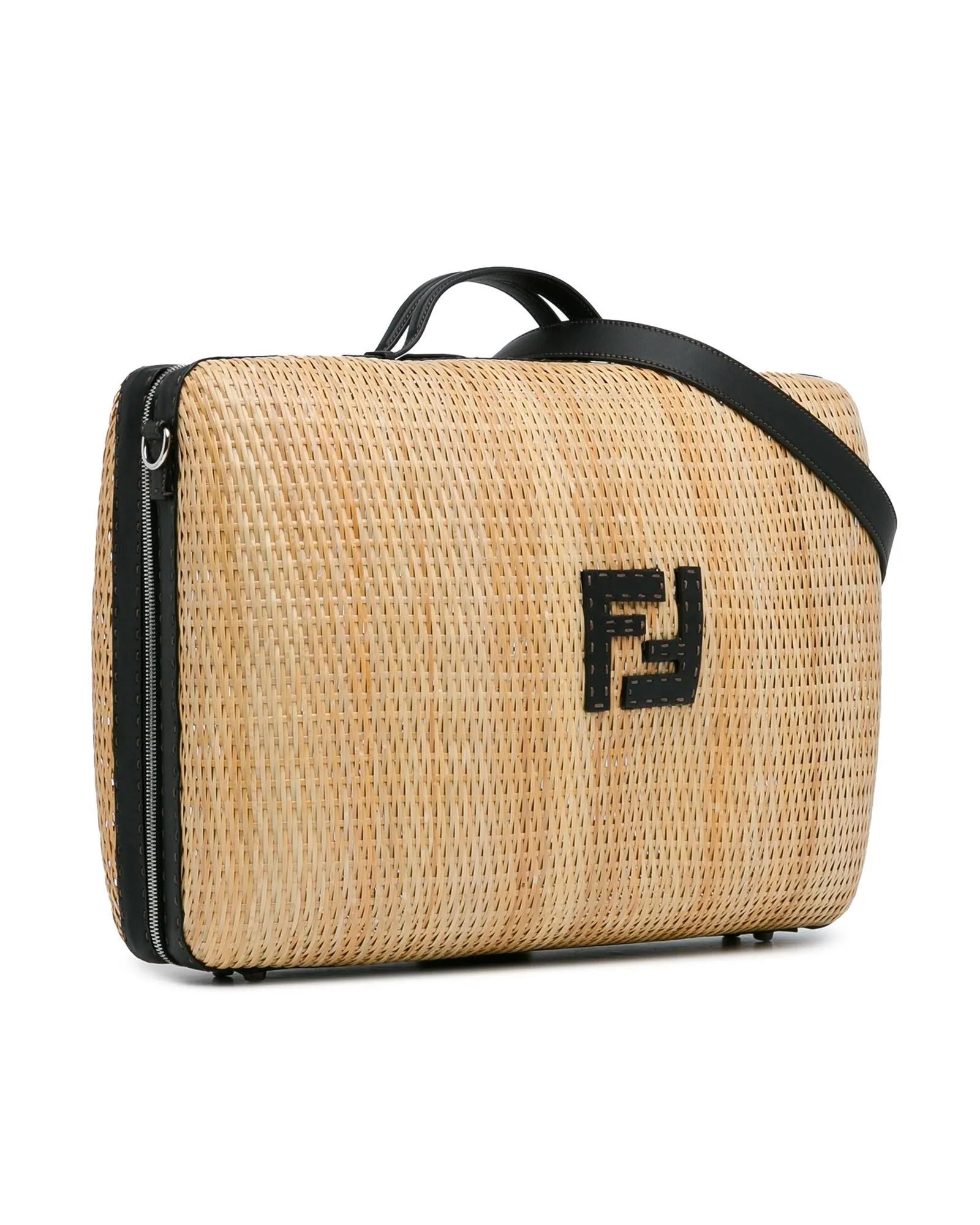 Woven Rattan Travel Bag with Leather Trim and Zip Closure