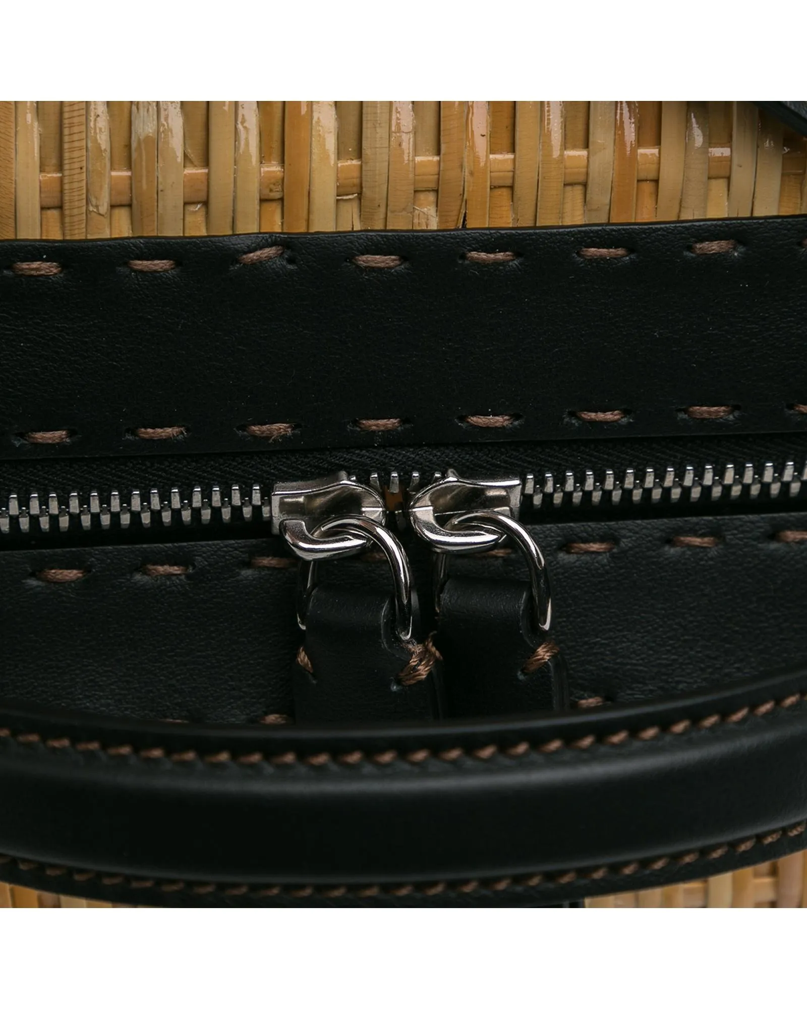 Woven Rattan Travel Bag with Leather Trim and Zip Closure