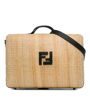 Woven Rattan Travel Bag with Leather Trim and Zip Closure