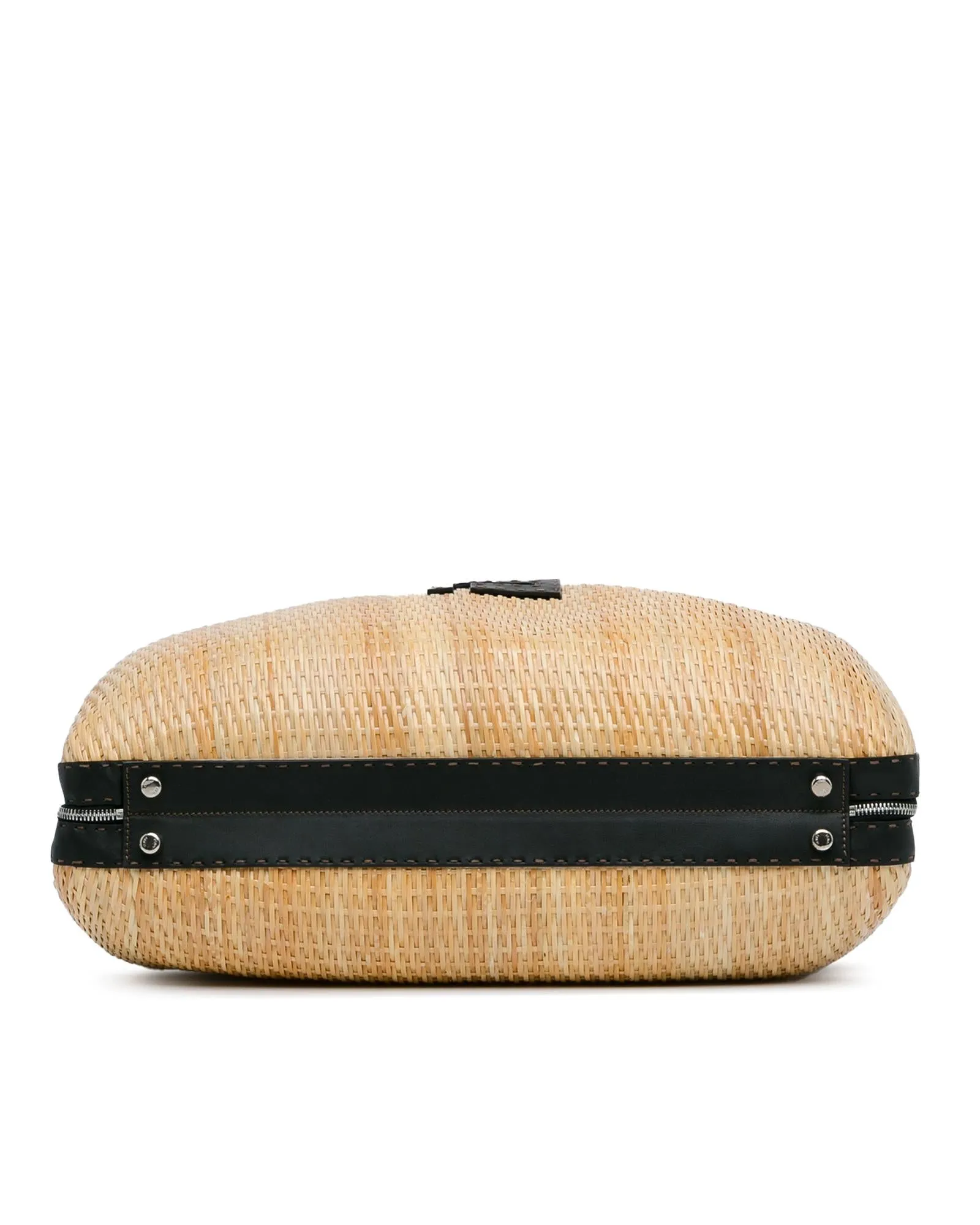 Woven Rattan Travel Bag with Leather Trim and Zip Closure