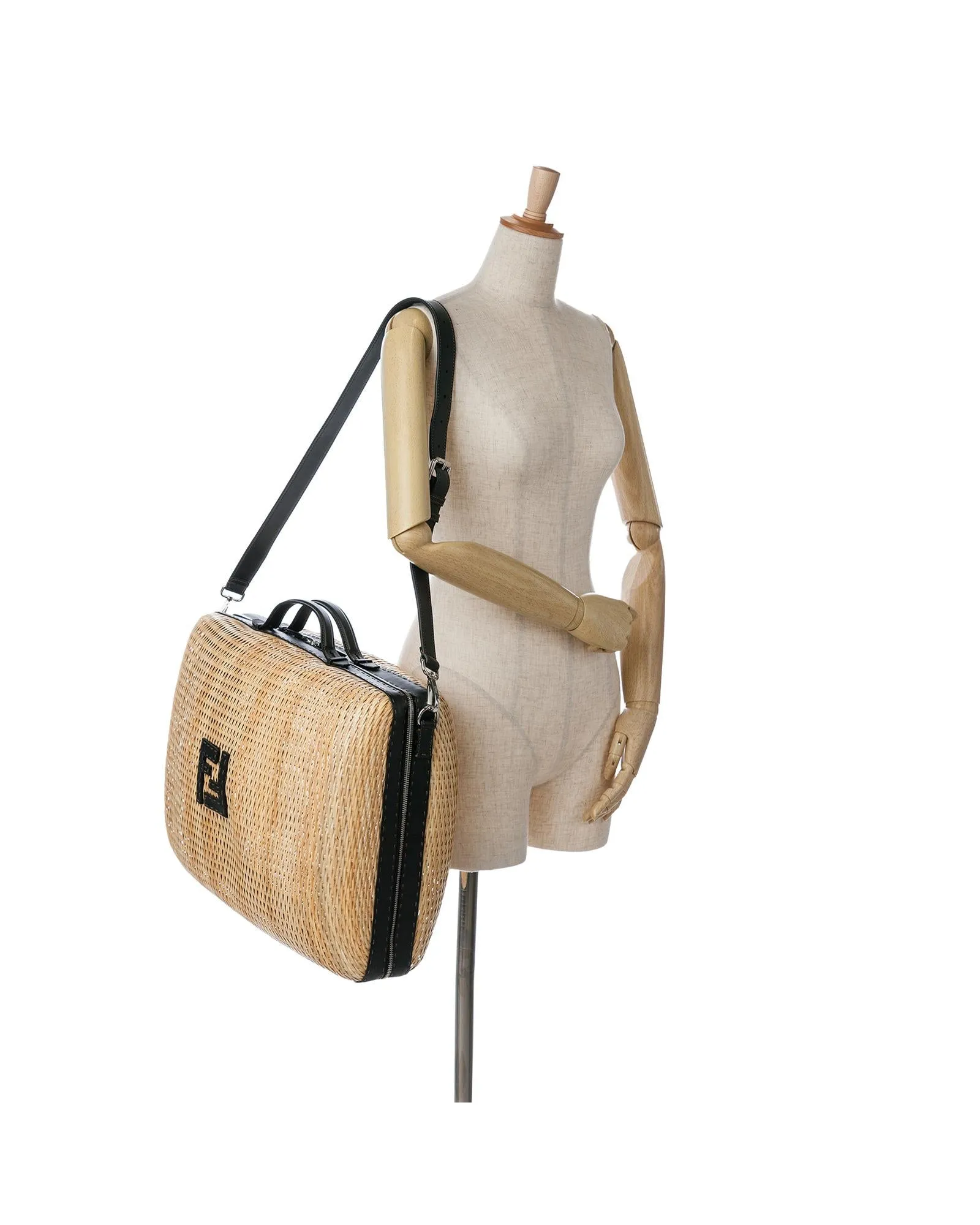 Woven Rattan Travel Bag with Leather Trim and Zip Closure