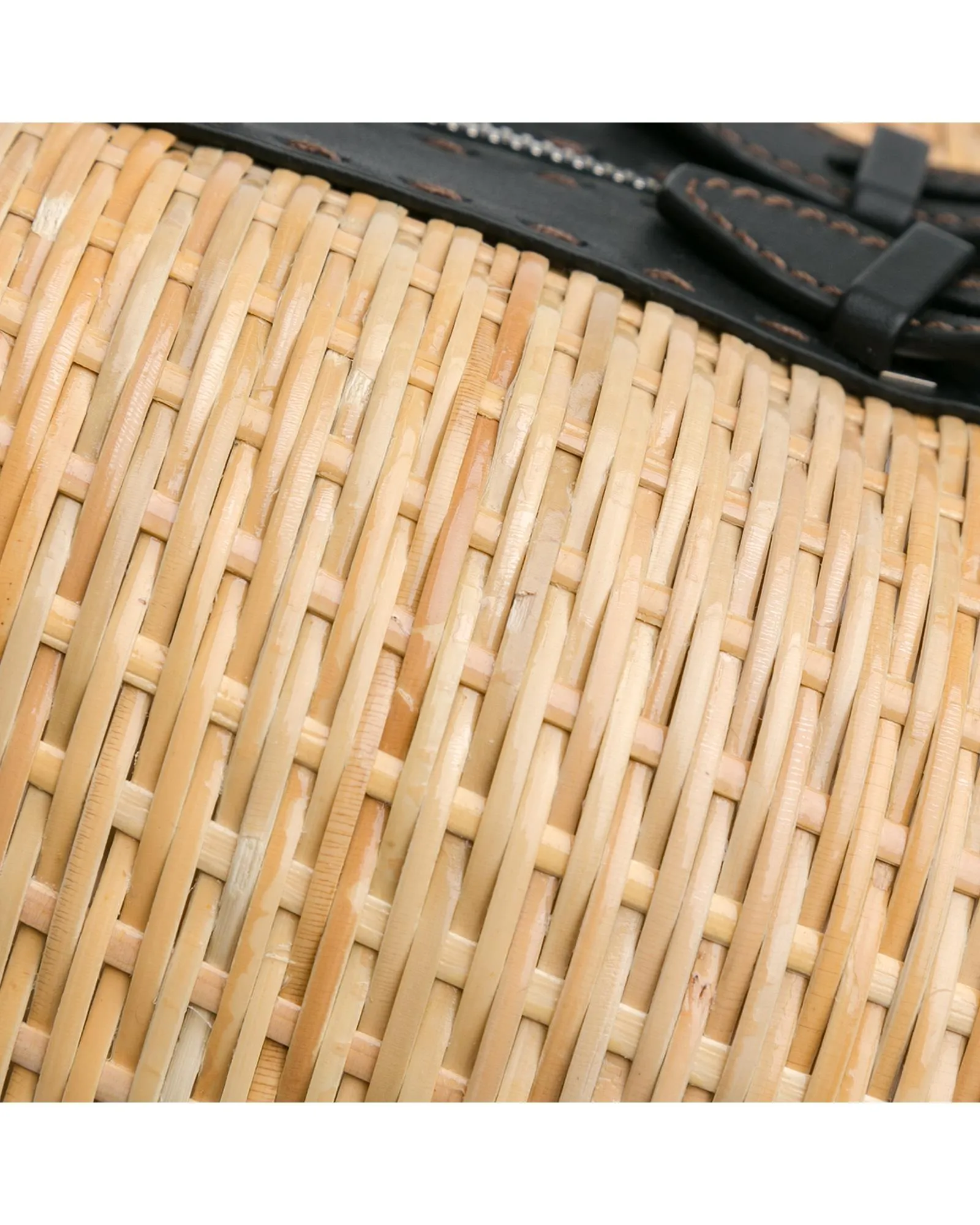 Woven Rattan Travel Bag with Leather Trim and Zip Closure