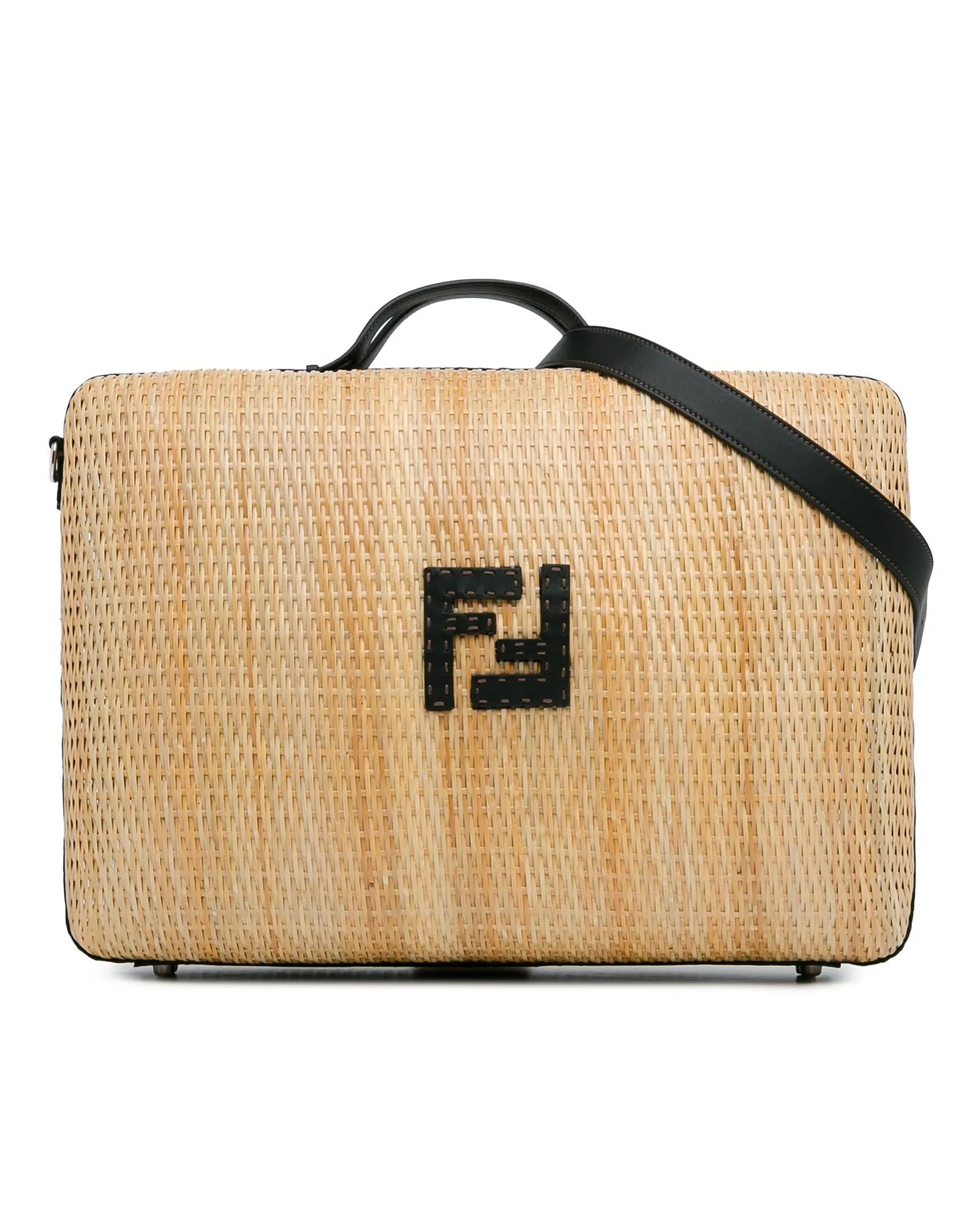 Woven Rattan Travel Bag with Leather Trim and Zip Closure