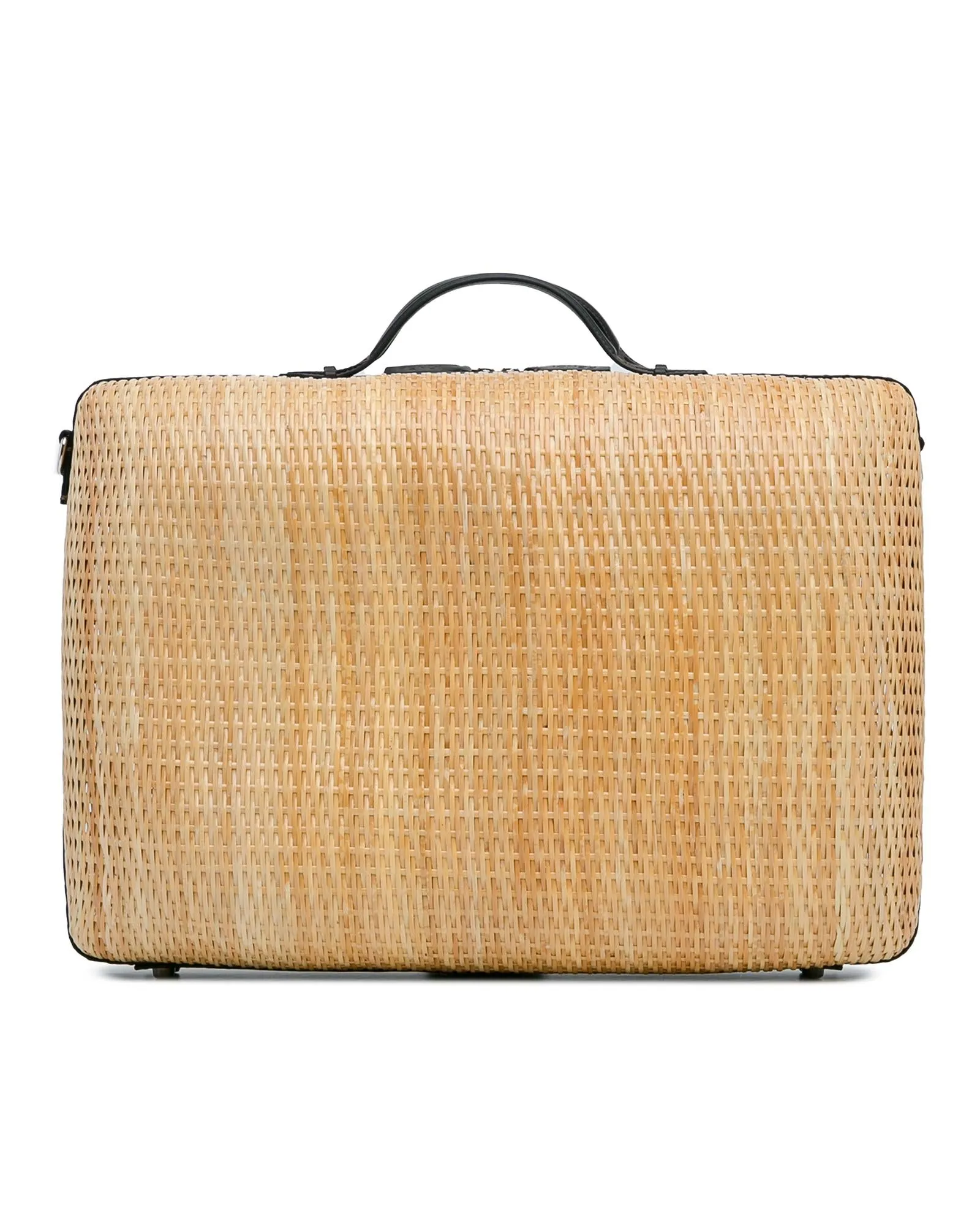 Woven Rattan Travel Bag with Leather Trim and Zip Closure